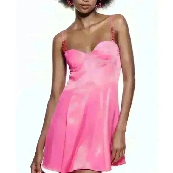 ZARA Barbie Satin Effect Corset Style Dress with Chain Strap - Picture 1 of 5